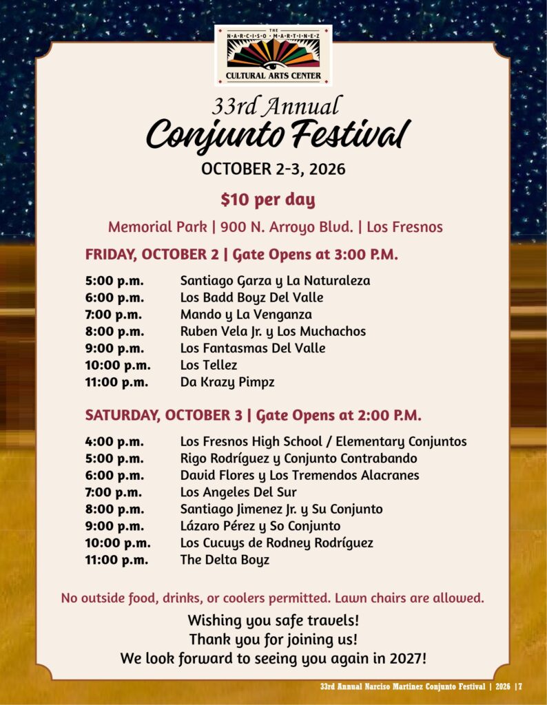 Band schedule and lineup for the 33rd Annual Conjunto Festival, Friday October 2 and Saturday October 3, 2026