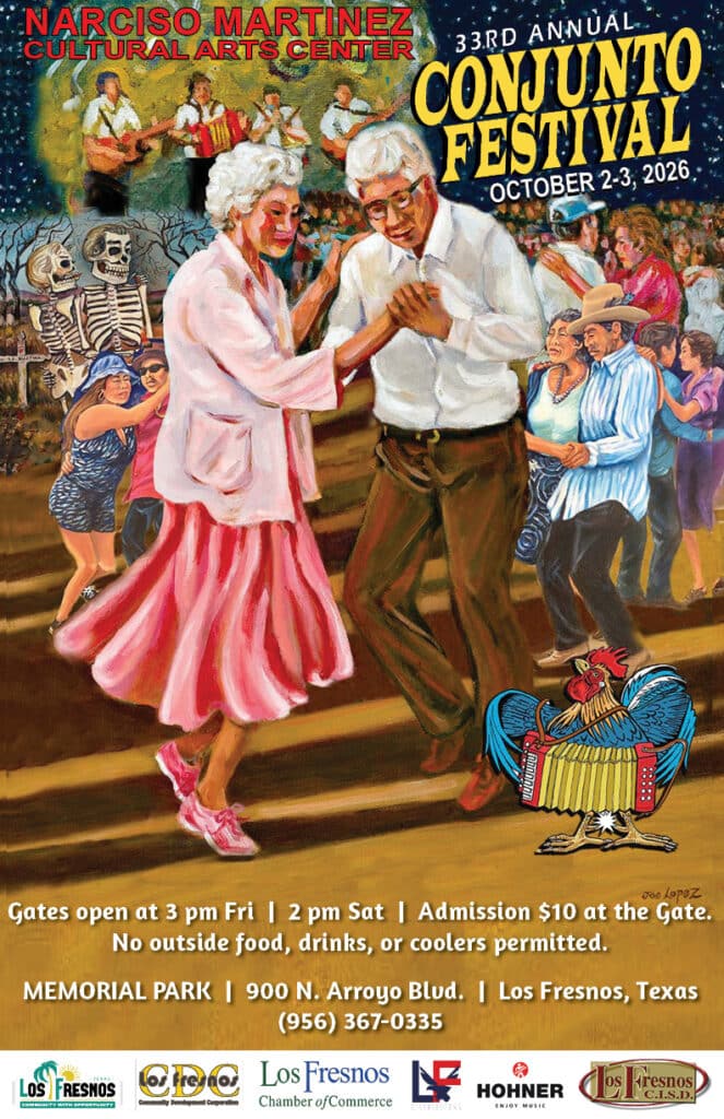 Official poster for the 33rd Annual Narciso Martinez Conjunto Festival, October 2-3, 2026 at Memorial Park in Los Fresnos, Texas