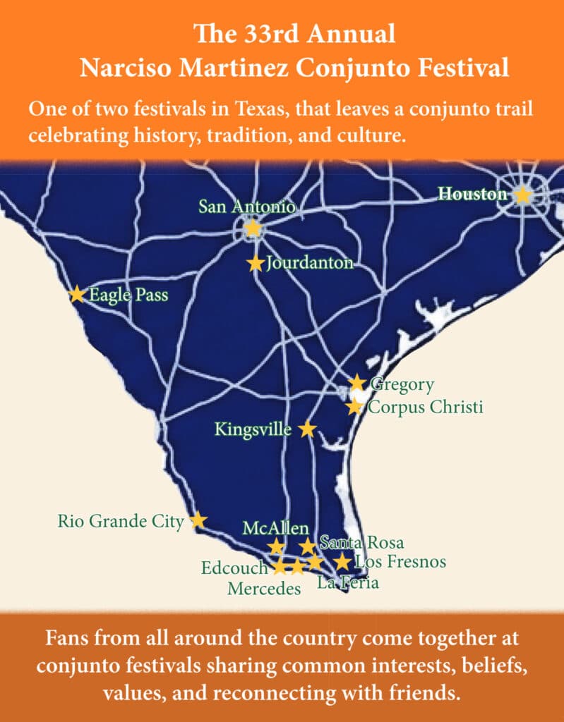Map of the Texas conjunto trail showing festival cities including Los Fresnos, San Antonio, Houston and Corpus Christi