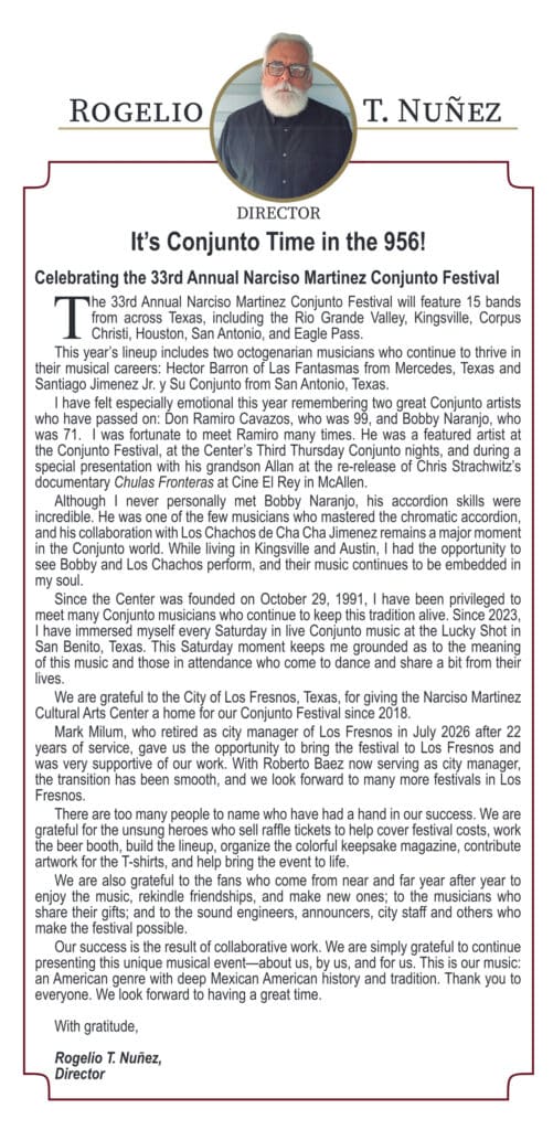 Letter from NMCAC Director Rogelio T. Nunez celebrating the 33rd Annual Narciso Martinez Conjunto Festival